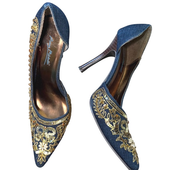 Anne Michelle Shoes - Beaded Y2K Fairy Denim Embellished Pointed Toe Pumps Gold Sequin Heels Size 8.5